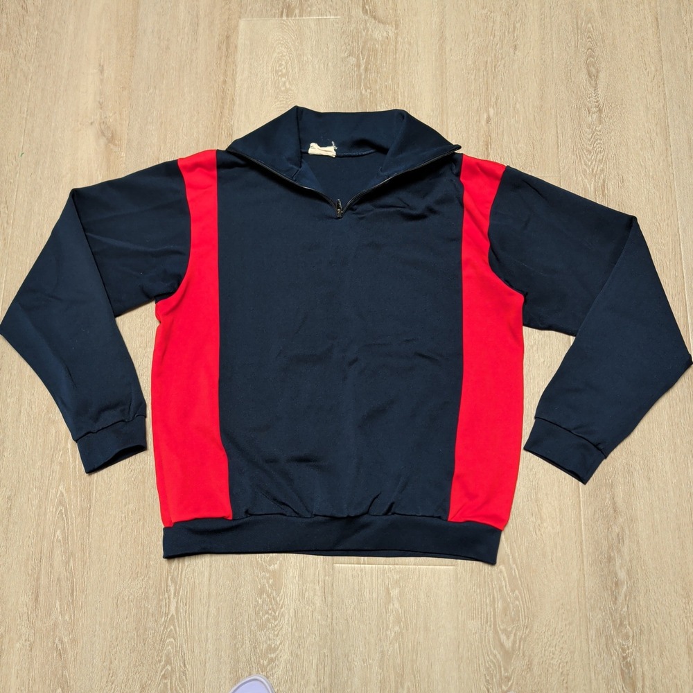 Vintage 70s Lifa Nylon 1/4 Zip Pullover Navy Red Long Point Collar Norway Men XL